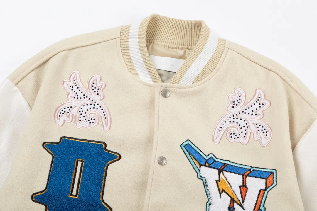 S30#P696, off white 2024 autumn and winter new heavy industry embroidered leather baseball jacket couple style color beige size: S M L XL
